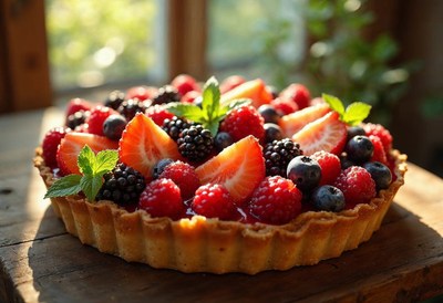 Fresh berry tart sits on a wooden table in bright sunlight