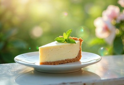 Creamy cheesecake slice on a plate with mint garnish