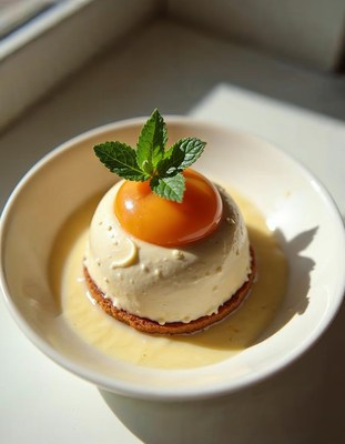 Delicious dessert with cream and golden fruit topping