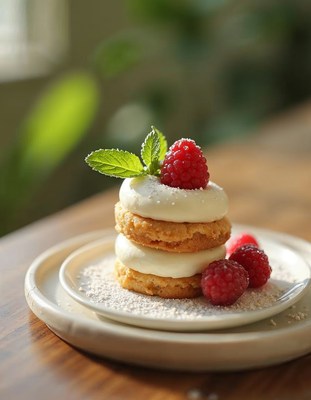 Delightful dessert with raspberries and cream served