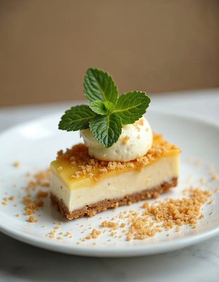Delicious cheesecake slice with mint garnish on plate