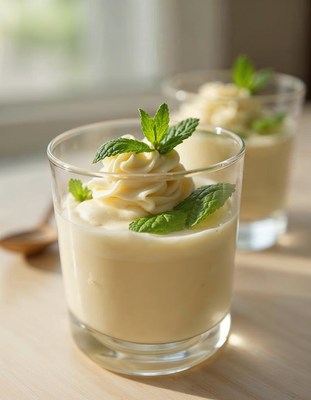 Creamy dessert topped with mint leaves in sunlight