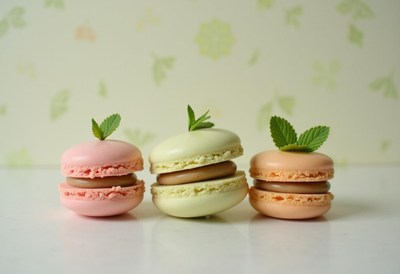 Colorful macarons arranged on a bright surface