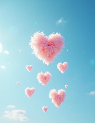 Fluffy pink hearts floating in a bright blue sky