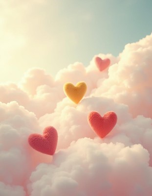 Floating hearts among soft clouds at sunset