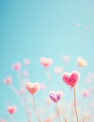 Colorful heart-shaped flowers against a blue sky