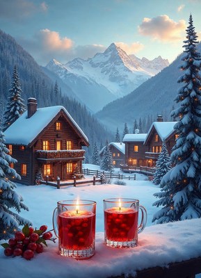 Cozy winter evening with drinks in a snowy mountain village