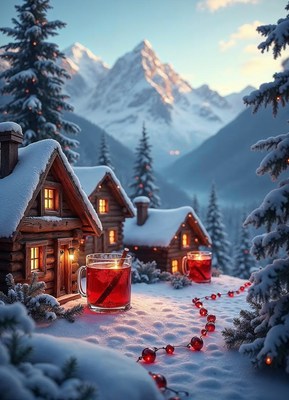 Cozy winter evening with cabins and warm drinks