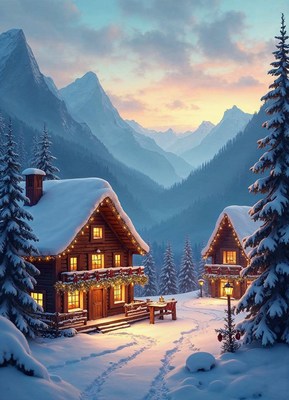 Cozy cabins in a snowy mountain landscape at sunset