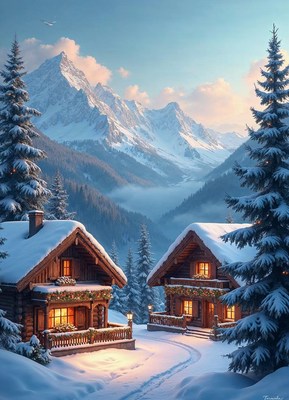 Cozy cabins surrounded by snow-covered mountains