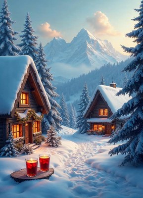 Cozy winter landscape with cabins and warm drinks