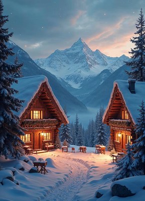 Winter cabins surrounded by snow-capped mountains at dusk