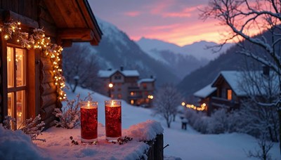 Sparkling drinks by a cozy cabin at sunset in winter
