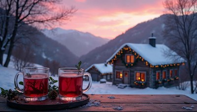 Cozy winter evening with drinks near a snowy cabin