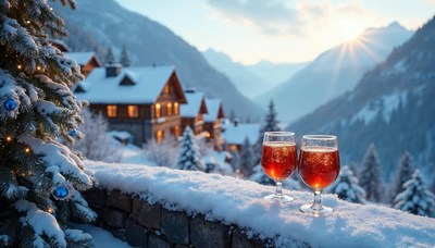 Winter sunset with drinks in a snow-covered village