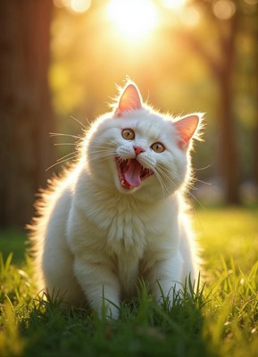 White cat enjoying sunlight in a lush green park