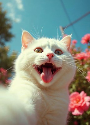White cat playfully enjoying a sunny day in bloom
