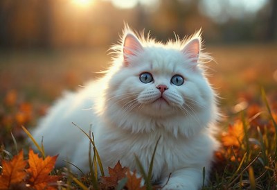 White fluffy cat enjoying autumn in a park