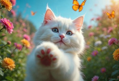 White cat amidst bright flowers and butterflies