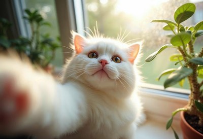 White cat reaching for the camera in bright sunlight
