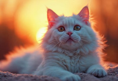 White cat gazing at sunset with vibrant colors