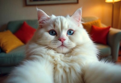 Cute white cat taking a selfie in a cozy living room