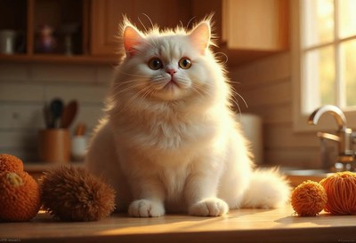 Cute fluffy cat enjoying the sunlight in a cozy kitchen
