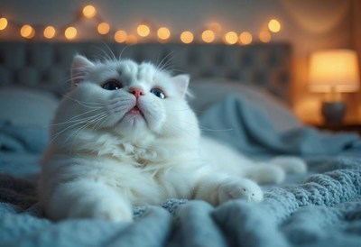 Cozy white cat relaxing on a bed with soft lighting