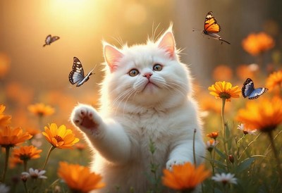 Cute white cat playing with butterflies in a flower field