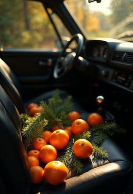 Fresh oranges and greenery arranged in a car interior
