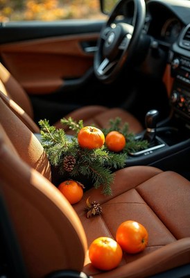 Oranges and pine branches placed inside a car