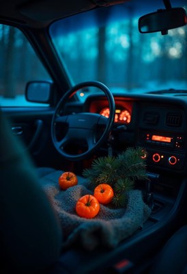 Cozy car interior with orange fruits and winter vibes