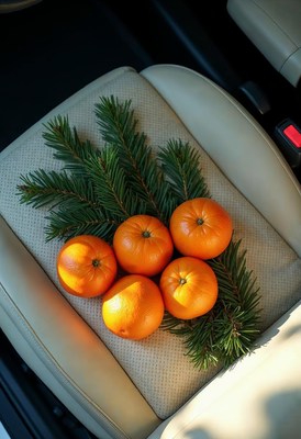 Oranges and pine branches on a car seat in sunlight