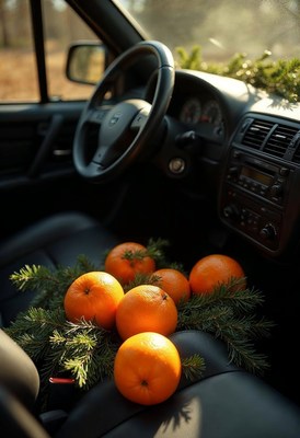 Oranges and greenery inside a car during daylight