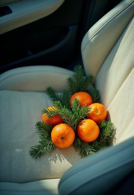 Oranges and greenery placed on car seat in winter