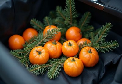 Fresh oranges and pine branches in a basket