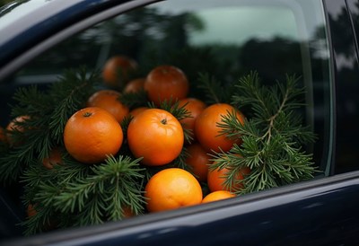 Oranges and greenery packed in a car during autumn