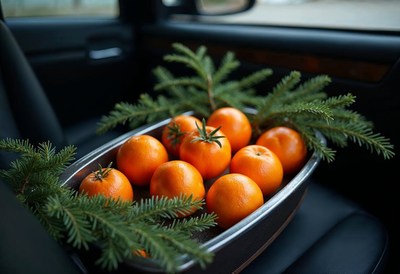 Fresh citrus fruits with greenery in a car interior