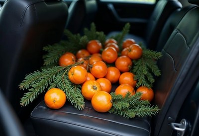 Fresh oranges and evergreen branches in a car interior