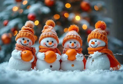 Four cheerful snowmen enjoying winter festivities together