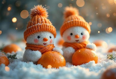 Playful snowmen with orange hats in winter wonderland