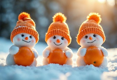 Snowmen with orange hats and balls in winter sunlight