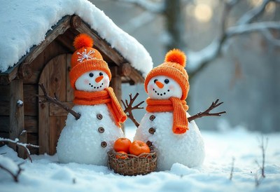 Snowmen in winter wonderland celebrate with oranges
