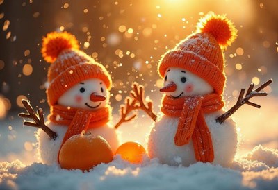 Snowmen enjoy playful winter afternoon in snowy landscape