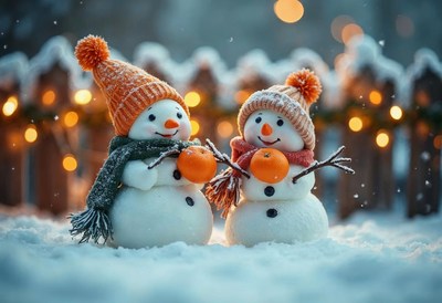 Snowmen celebrate winter with cheerful oranges and scarves