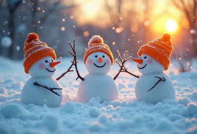 Cheerful snowmen enjoy a winter sunset in the snow