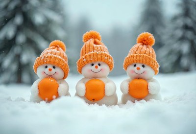 Snowmen with orange hats and snowballs in winter landscape