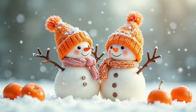 Snowmen in winter hats share a joyful moment outdoors