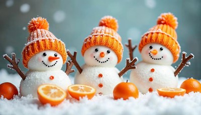 Snowmen made with oranges in a winter wonderland setup