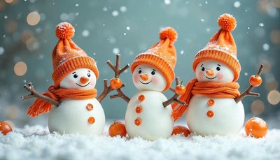 Snowmen with orange accessories celebrate winter joy